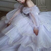 Charming Off Shoulder Light purple tulle long prom dresses - Thumbnail 2