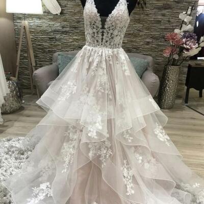 Princess champagne v neck tulle lace long prom dress - Thumbnail 2