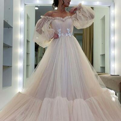 Off shoulder champagne tulle lace long prom dress - Thumbnail 1