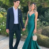 Mermaid Green V Neck Long Prom Dresses - Thumbnail 1