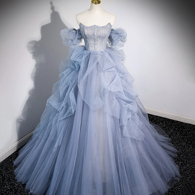 Blue tulle long prom dress, off shoulder evening dress, blue party dress - Thumbnail 1