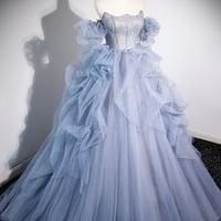 Blue Tulle Long Prom Dress, Off Shoulder Evening Dress, Blue Party Dress - Thumbnail 1