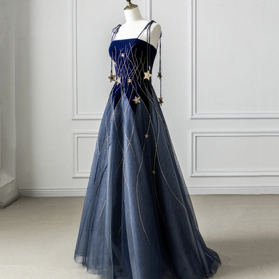 Blue spaghetti strap velvet long prom dress with star, blue evening dress party dress - Thumbnail 2