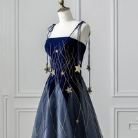 Blue Spaghetti Strap Velvet Long Prom Dress with Star, Blue Evening Dress Party Dress - Thumbnail 1