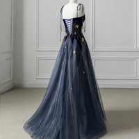 Blue Spaghetti Strap Velvet Long Prom Dress with Star, Blue Evening Dress Party Dress - Thumbnail 2