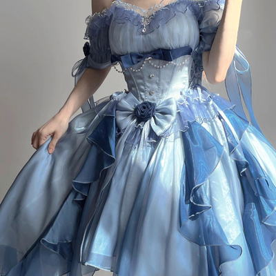 Blue rose pearl decorated princess ruffled bow layered elegant wedding prom evening dress