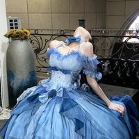 Blue Rose Pearl Decorated Princess Ruffled Bow Layered Elegant Wedding Prom Evening Dress - Thumbnail 9