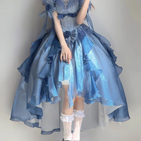 Blue Rose Pearl Decorated Princess Ruffled Bow Layered Elegant Wedding Prom Evening Dress - Thumbnail 8