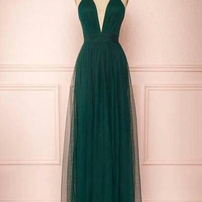 Simple a line green tulle prom dresses - Thumbnail 2