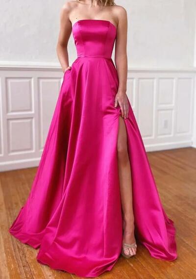 Strapless Hot Pink Satin Prom Dresses