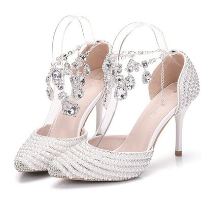 Women's pu closed toe with pearl stiletto heel sandals