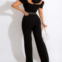 Casual Stitching Black V-Neck Jumpsuit - Thumbnail 2