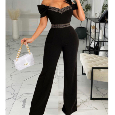 Casual stitching black v-neck jumpsuit