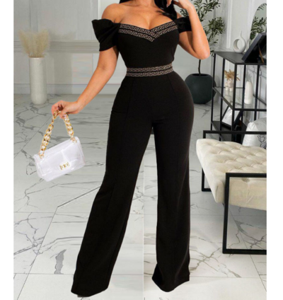 Casual Stitching Black V-Neck Jumpsuit
