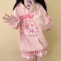Pink Kawaii Crying Rabbit Emoji Cartoon Harajuku Streetwear E-girl Grunge Japanese Y2K Jacket Hoodie Long Sleeve Top - Thumbnail 3