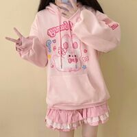Pink Kawaii Crying Rabbit Emoji Cartoon Harajuku Streetwear E-girl Grunge Japanese Y2K Jacket Hoodie Long Sleeve Top - Thumbnail 1