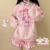 Pink Kawaii Crying Rabbit Emoji Cartoon Harajuku Streetwear E-girl Grunge Japanese Y2K Jacket Hoodie Long Sleeve Top - Thumbnail 2