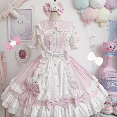 Princess of Heart Sweet Pastel Pink Rabbit Bunny Doll Bow Ruffled Japanese Girl Style Strap Dress & Shirt