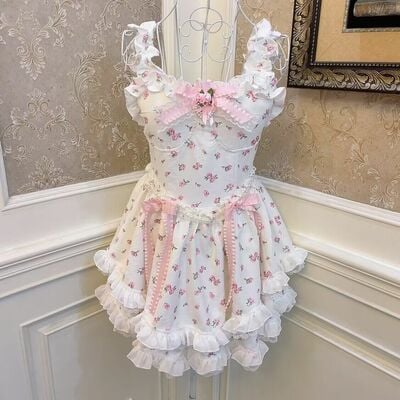 Vintage coquette rose princess bow heart flower white pink spring summer women girl strap dress - Thumbnail 5