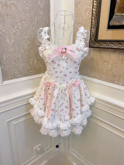 Vintage Coquette Rose Princess Bow Heart Flower White Pink Spring Summer Women Girl Strap Dress