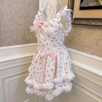 Vintage Coquette Rose Princess Bow Heart Flower White Pink Spring Summer Women Girl Strap Dress - Thumbnail 6
