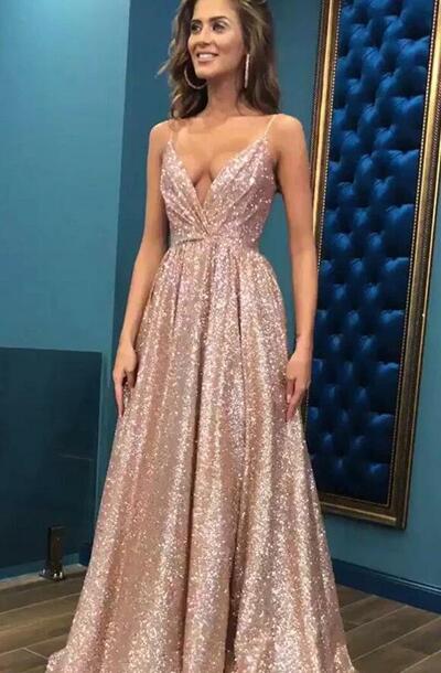 Spaghetti Straps V-Neck Sequins Prom Dresses