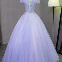 Off Shoulder Light Purple Tulle Long Prom Dresses - Thumbnail 1