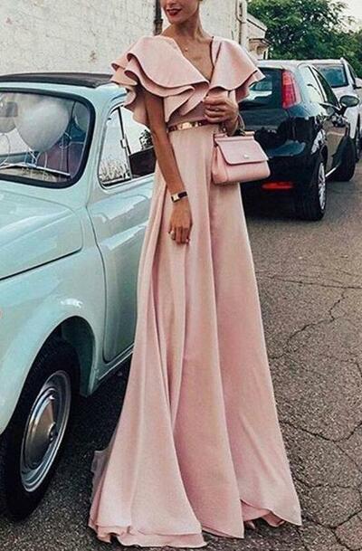 A Line Blush Pink Ruffles Long Prom Dresses