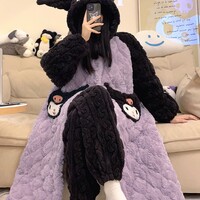 Black & Purple Kuromi Cute Cartoon Women Girl Thick Plush Coral Fleece Warm Winter Pajamas Sleepwear Hooded Nightgown Coat & Pants Two Piece Set - Thumbnail 2