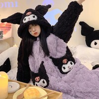 Black & Purple Kuromi Cute Cartoon Women Girl Thick Plush Coral Fleece Warm Winter Pajamas Sleepwear Hooded Nightgown Coat & Pants Two Piece Set - Thumbnail 3