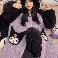 Black & Purple Kuromi Cute Cartoon Women Girl Thick Plush Coral Fleece Warm Winter Pajamas Sleepwear Hooded Nightgown Coat & Pants Two Piece Set - Thumbnail 4