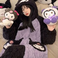 Black & Purple Kuromi Cute Cartoon Women Girl Thick Plush Coral Fleece Warm Winter Pajamas Sleepwear Hooded Nightgown Coat & Pants Two Piece Set - Thumbnail 1