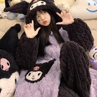 Black & Purple Kuromi Cute Cartoon Women Girl Thick Plush Coral Fleece Warm Winter Pajamas Sleepwear Hooded Nightgown Coat & Pants Two Piece Set - Thumbnail 6