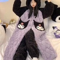 Black & Purple Kuromi Cute Cartoon Women Girl Thick Plush Coral Fleece Warm Winter Pajamas Sleepwear Hooded Nightgown Coat & Pants Two Piece Set - Thumbnail 7