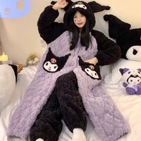 Black & Purple Kuromi Cute Cartoon Women Girl Thick Plush Coral Fleece Warm Winter Pajamas Sleepwear Hooded Nightgown Coat & Pants Two Piece Set - Thumbnail 8