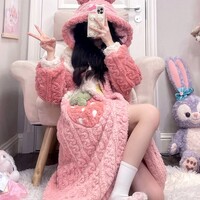 Sweet Strawberry Pink Cute Cartoon Women Girl Thick Plush Coral Fleece Warm Winter Pajamas Sleepwear Hooded Nightgown Coat & Pants Two Piece Set - Thumbnail 1
