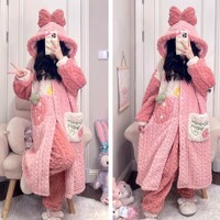 Sweet Strawberry Pink Cute Cartoon Women Girl Thick Plush Coral Fleece Warm Winter Pajamas Sleepwear Hooded Nightgown Coat & Pants Two Piece Set - Thumbnail 6