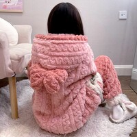 Sweet Strawberry Pink Cute Cartoon Women Girl Thick Plush Coral Fleece Warm Winter Pajamas Sleepwear Hooded Nightgown Coat & Pants Two Piece Set - Thumbnail 7