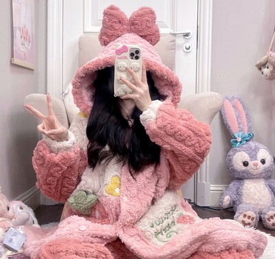 Sweet Strawberry Pink Cute Cartoon Women Girl Thick Plush Coral Fleece Warm Winter Pajamas Sleepwear Hooded Nightgown Coat & Pants Two Piece Set