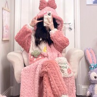Sweet Strawberry Pink Cute Cartoon Women Girl Thick Plush Coral Fleece Warm Winter Pajamas Sleepwear Hooded Nightgown Coat & Pants Two Piece Set - Thumbnail 3