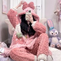 Sweet Strawberry Pink Cute Cartoon Women Girl Thick Plush Coral Fleece Warm Winter Pajamas Sleepwear Hooded Nightgown Coat & Pants Two Piece Set - Thumbnail 4