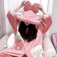 Sweet Strawberry Pink Cute Cartoon Women Girl Thick Plush Coral Fleece Warm Winter Pajamas Sleepwear Hooded Nightgown Coat & Pants Two Piece Set - Thumbnail 2