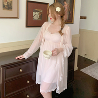 Elegant Fairy Soft Sensual Sexy Women Lace Pink & Yellow Pajamas Nightdress Nightgown Robe Strap Dress Two Piece Set - Thumbnail 3