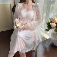 Elegant Fairy Soft Sensual Sexy Women Lace Pink & Yellow Pajamas Nightdress Nightgown Robe Strap Dress Two Piece Set - Thumbnail 1