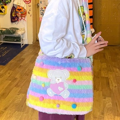 Japanese cute mori girl vintage retro bear rainbow fluff plush 3d bag