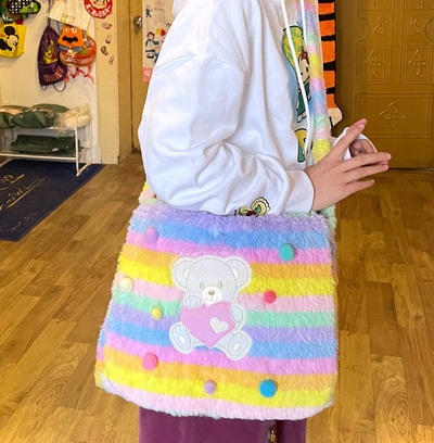 Japanese Cute Mori Girl Vintage Retro Bear Rainbow Fluff Plush 3D Bag