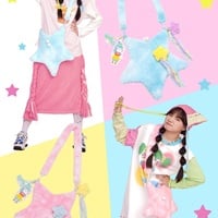 Y2K Pink Blue Yellow Star Fluff Plush 3D Bag - Thumbnail 2
