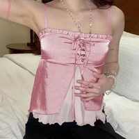 Pink Ruffle 2 Layer Satin Tank Top - Thumbnail 1