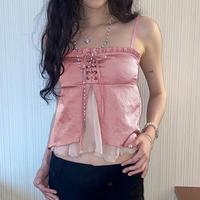 Pink Ruffle 2 Layer Satin Tank Top - Thumbnail 4