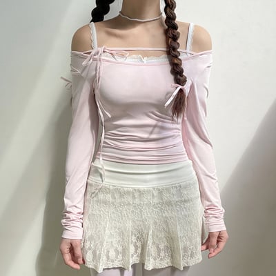 Sweet lace up slash neck long sleeve shirt - Thumbnail 4